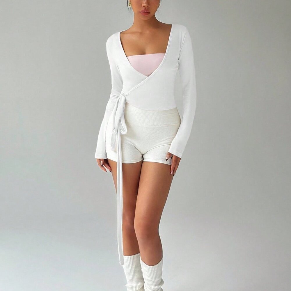White Casual Women's High-Elastic Yoga Fitness Wrap V-Neck Long Sleeve Crop Top